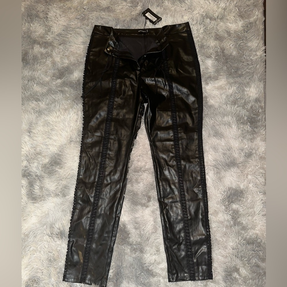 Black PU lace up detail trousers